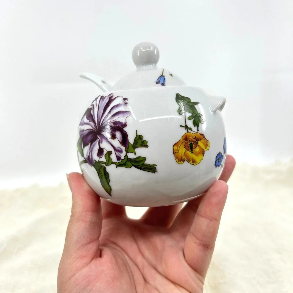 Vintage Floral Flower Sugar Bowl with Spoon Carolina Pattern Cordon Bleu Bia